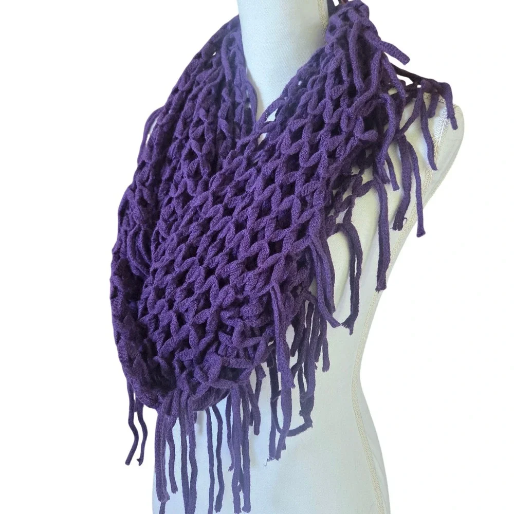 Steve Madden Witchy Whimsical Goth Purple Open Knit Crochet Fringe Shawl Scarf
